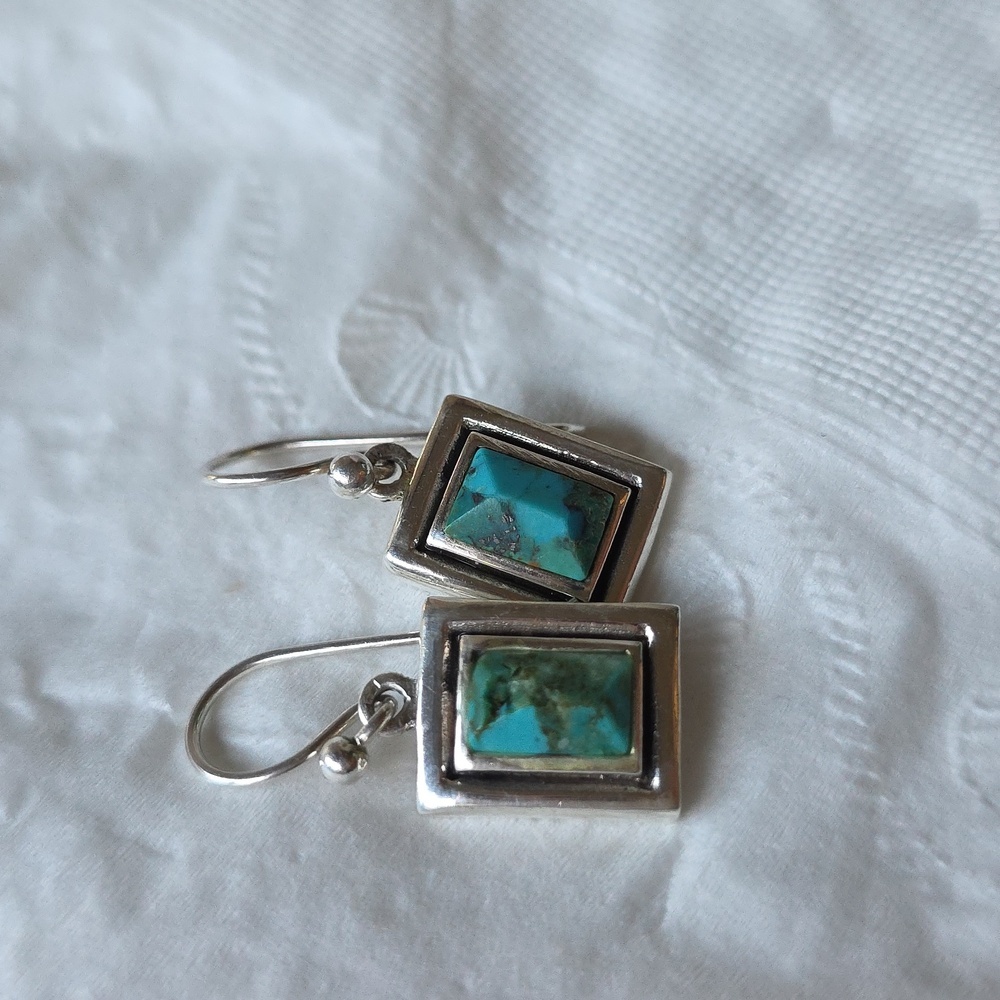 Vintage Turquoise And Silver Rectangular Earrings - image 6